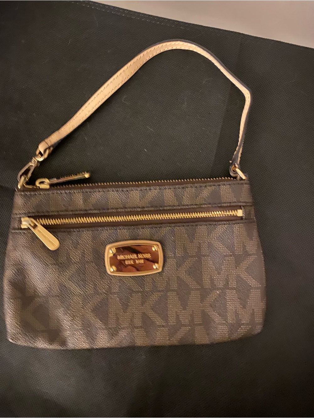Michael Kors Brown Logo Wristlet with Gold Hardware